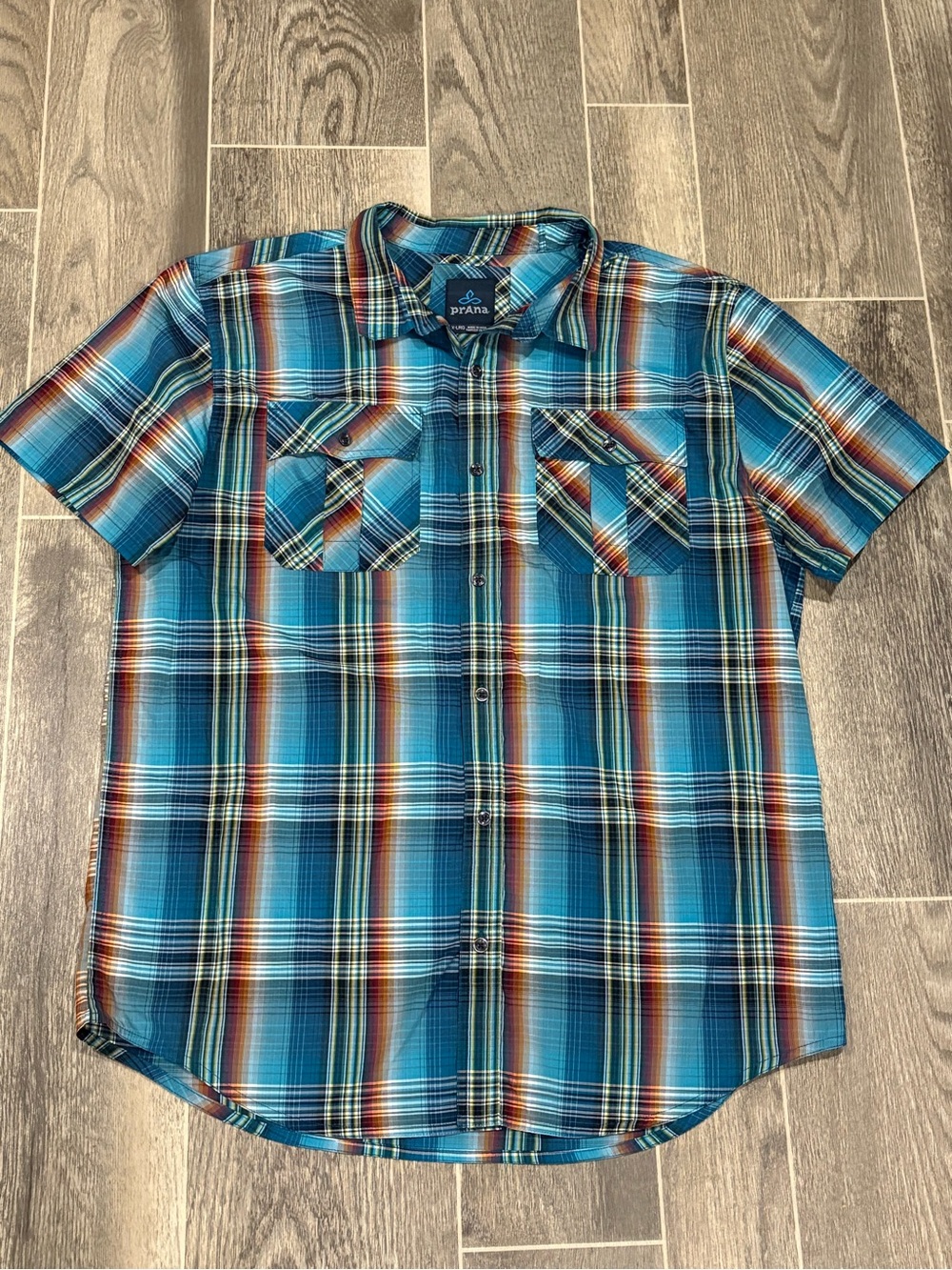 Prana Teal and Orange Plaid Short-Sleeve Button-Up Shirt